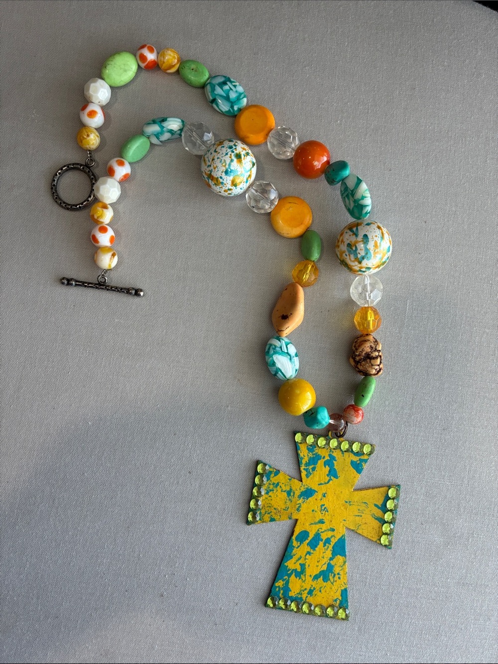Handmade Multi-Color Beaded Necklace with Yellow & Teal Cross Pendant